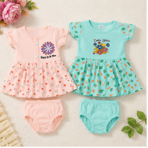 Baby Girls Floral & Heart Print Dress Set – Pack of 2