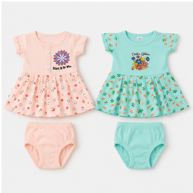 Baby Girls Floral & Heart Print Dress Set – Pack of 2