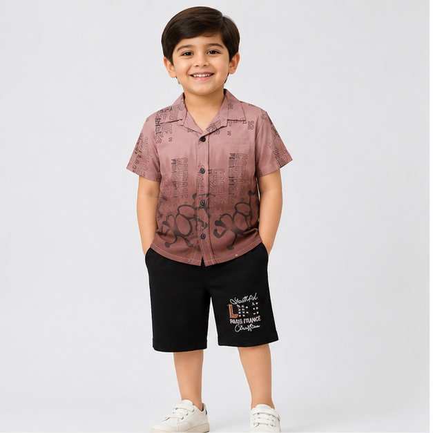 Boys’ Dusty Pink Printed Shirt & Black Shorts Set