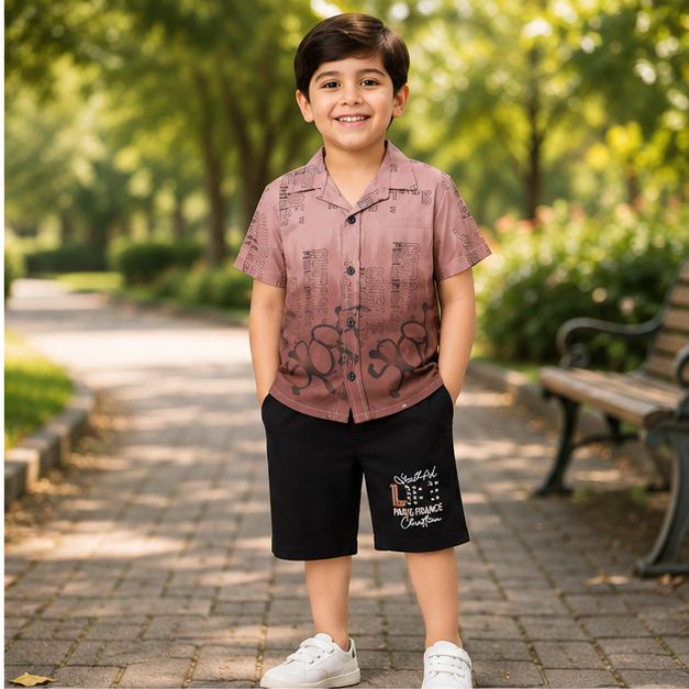 Boys’ Dusty Pink Printed Shirt & Black Shorts Set