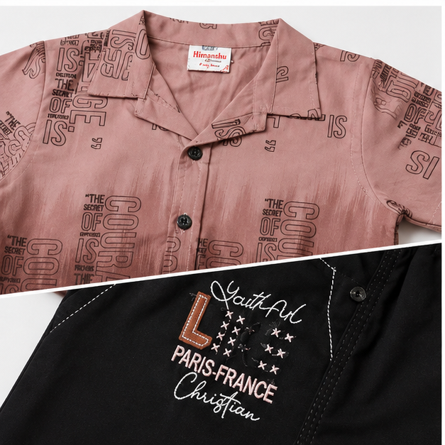 Boys’ Dusty Pink Printed Shirt & Black Shorts Set