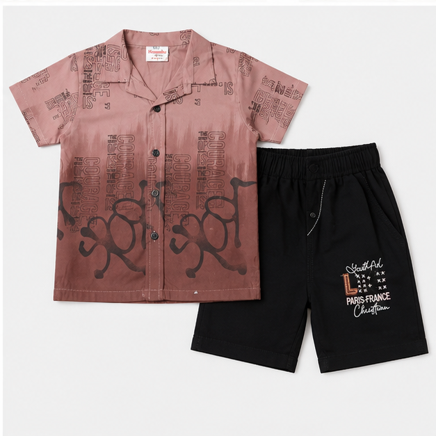 Boys’ Dusty Pink Printed Shirt & Black Shorts Set