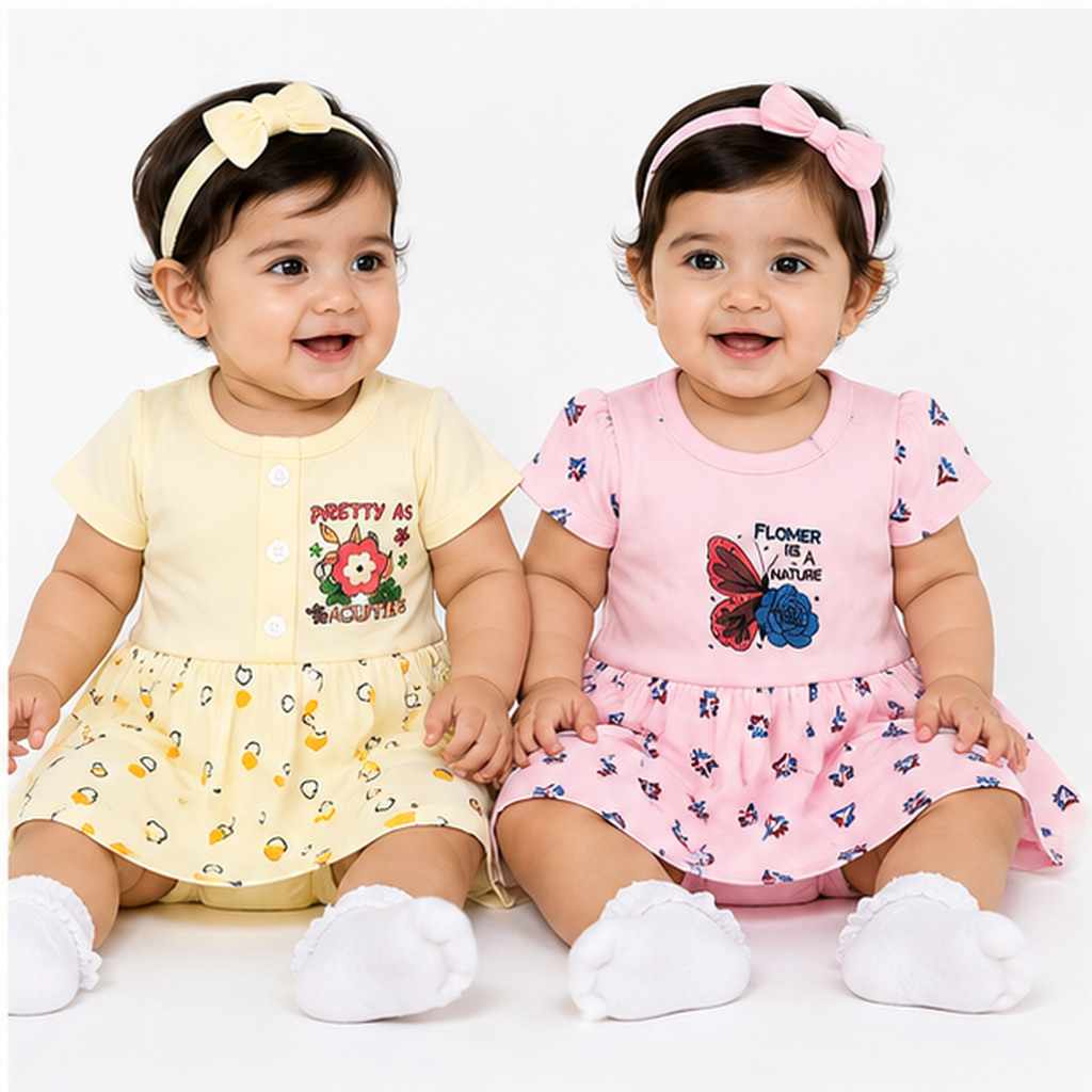 Floral & Heart Print Cotton Dress Set – 2 Piece