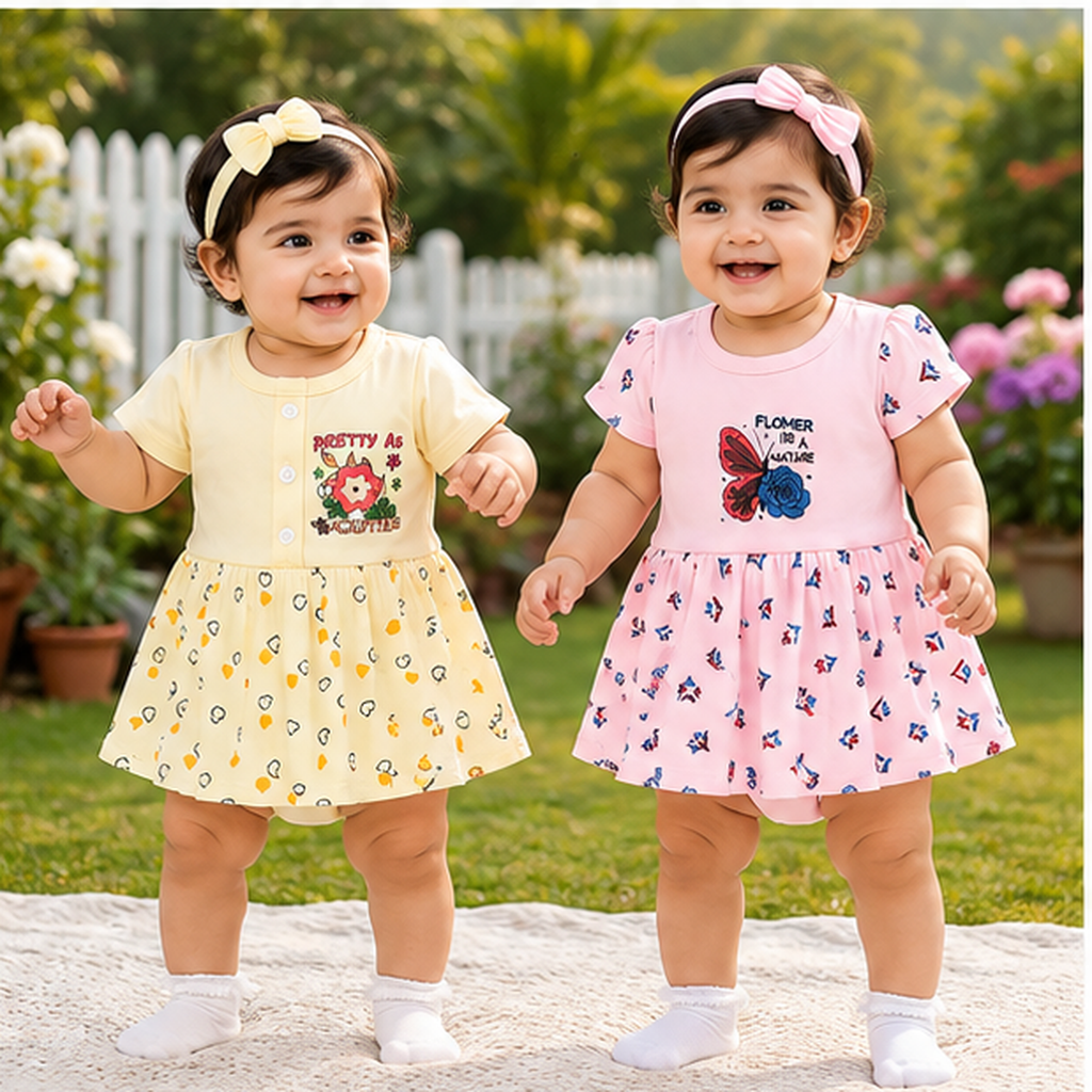 Floral & Heart Print Cotton Dress Set – 2 Piece