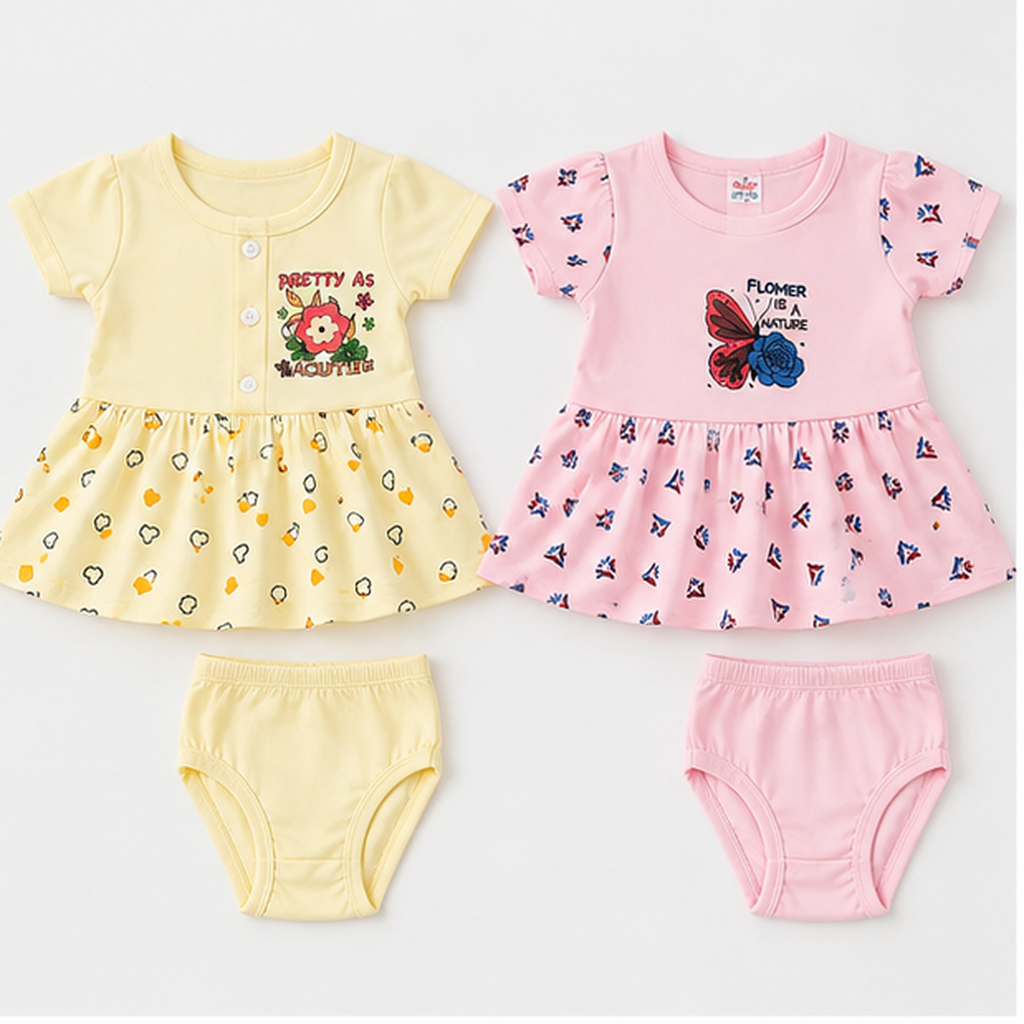 Floral & Heart Print Cotton Dress Set – 2 Piece